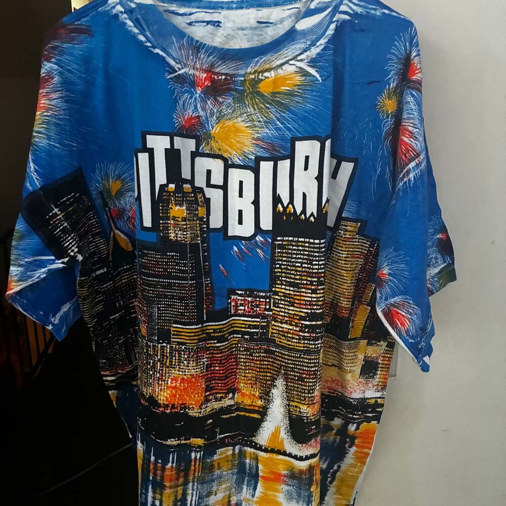 Vintage 90s Pittsburgh All Over Print Fireworks Skyline T-Shirt